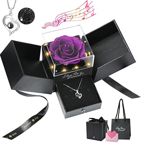 Emibele Ewige Echte Lila Rose mit S925 Sterling Silber Halskette Ich Liebe Dich in 100 Sprachen, Konservierte Rose Box mit Musik Licht, Geschenke für Frauen Mama Oma Valentinstag Muttertag Geburtstag