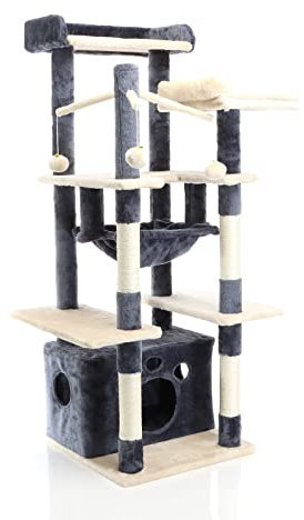 Fudajo Kratzbaum in Dunkelgrau/Beige 134 cm hoch, Katzenkratzbaum mit Katzenhaus + Liegemulde, Katzenbaum mit Plattformen, Katzenmöbel mit Spielbällen