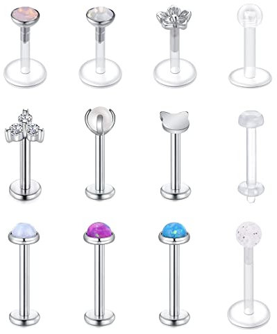 WillTen 16G Tragus Piercing Lippenpiercing Labret Stecker Chirurgenstahl Bioflex 6-10mm Opal Stab mit Zirkonia Helix Ohr Piercing 12Stück