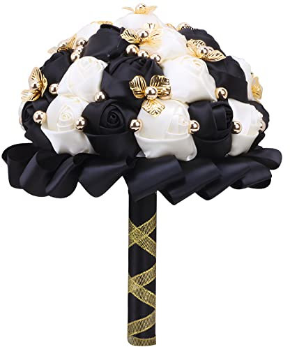 Cileruide Brautstrauß Satin Blumen Brautjungfern Kunstblumenstrauß Strass Strauß für Hochzeiten im Innenbereich Brautparty Wurfstrauß Quinceanera (Schwarz Elfenbein, 18cm)