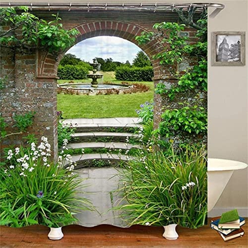 ALMONO Garden View Shower Curtain Garden View Shower Curtains 250x200 cm 3D Shower Curtains Mould Proof Resistant Decorative Bathroom Curtains Waterproof Polyester Fabric with Hooks