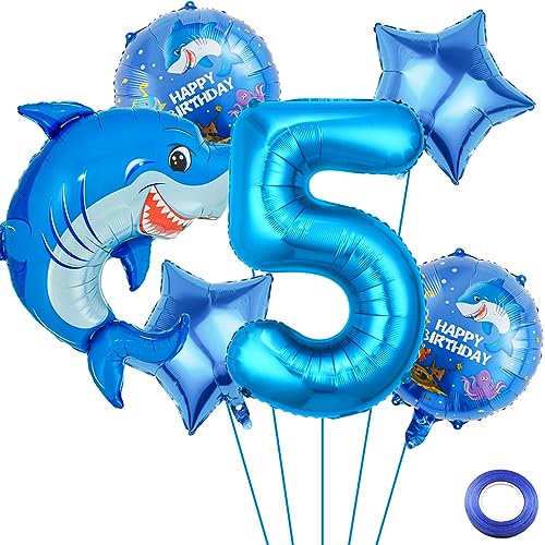 Liitata Juego de 5 globos de tiburón para fiesta de cumpleaños, diseño de tiburón, color azul, número 5, globo grande para niños, cumpleaños, fiesta temática