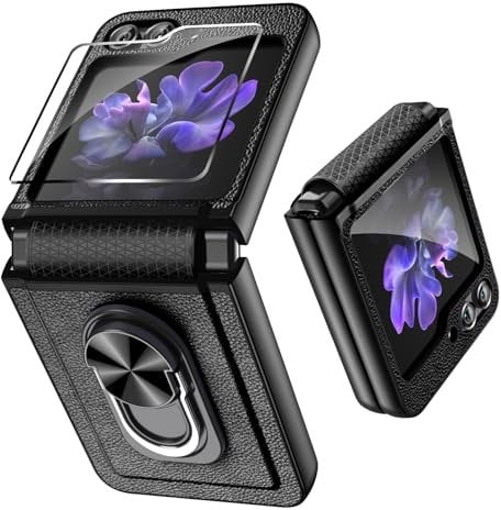 Fewdew for Samsung Galaxy Z Flip 5 Case with Back Screen Protector & Hinge Protection,360° Rotate Ring Magnetic Kickstand Hard Shockproof Protective Cover for Samsung Galaxy Z Flip 5,Black