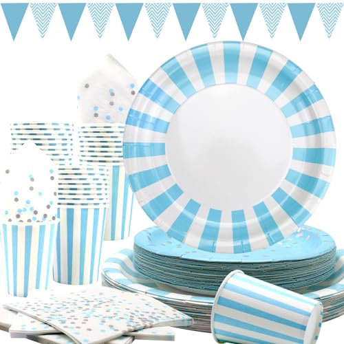 Obussgar Hellblau Gestreiftes Geschirr Partyzubehör umfasst Dreiecksbanner, Teller, Servietten, Pappbecher für Geburtstagsfeiern, Abschlussfeiern, Hochzeiten, Babyparty (Hellblau 24)
