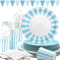 Obussgar Il Set di stoviglie a Righe Azzurre Include striscioni triangolari, Piatti, tovaglioli, Bicchieri di Carta per Feste di Compleanno, Matrimoni, Baby Shower (Azzurro 24)