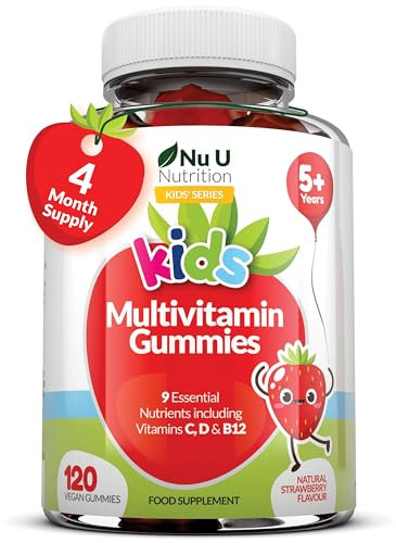 Multivitamin Gummies for Kids - 120 Vegan Gummies - 4 Month Supply - Tasty Strawberry Flavour - 9 Essential Vitamins Including C, D & B12 - Made in The UK - Nu U Nutrition