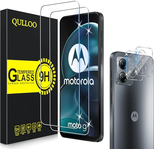 QULLOO Cristal Templado y Protector Cámara para Motorola Moto G14 | 2 Piezas Protector de Pantalla, 2 Piezas Protector de Lente de Cámara, Dureza 9H Ultra Resistente Vidrio Templado