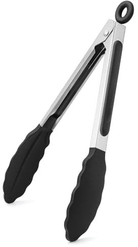 WISYOK Pinzas de Cocina 18cm, Pinzas Cocina con puntas de silicona y mango de acero inoxidable, Pinzas Barbacoa Resistente al Calor, Pinzas Silicona Freidora, Tenazas Cocina (Negro)