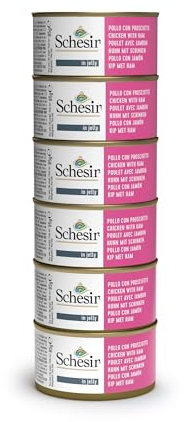 Schesir, Nassfutter für Erwachsene Katzen, Huhn und Schinken, Filets und Gelee, 100% natürlich, 6 Dosen x 85 g