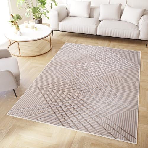 TAPISO Crystal Teppich Wohnzimmer Kurzflor Beige Braun Zigzag Linien Glänzend Cut-Loop 3D Effekt Schlafzimmer Modern Design ÖKO-TEX 250 x 350 cm