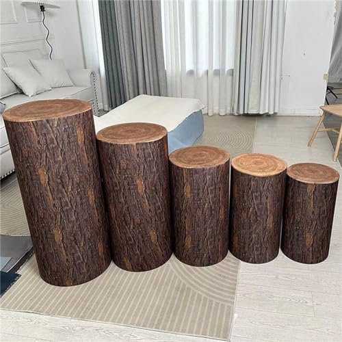 Highdi Cubiertas Redondas para Pedestal Elásticas, Cubiertas de Soporte de Pedestal Elastano Pedestal Cilíndrico Redond para Boda Fiesta de Cumpleaños (5 Piezas,Grano de Madera)