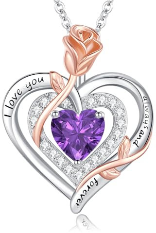 LAVUMO Halskette Damen Silber 925 Doppel Herz Rose Blume Kette Damen Geburtsstein Halsketten Muttertag Geburtstag Valentinstag Weihnachten Schmuck Geschenke Frauen Mama (Silber-Gravur-02-Februar)