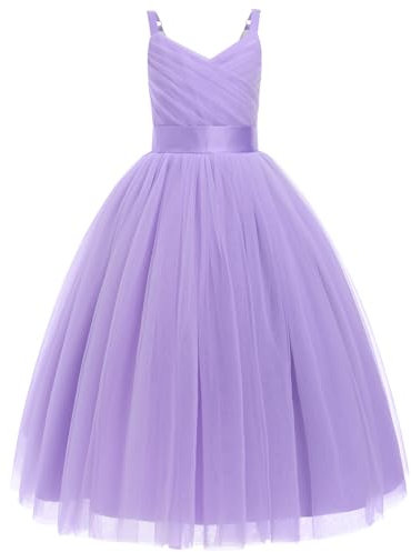 IMEKIS Vestito per bambine e ragazze, per damigella d'onore, senza maniche, con scollo a V, con volant, in tulle, elegante, per la prima comunione, per il compleanno, per la festa, Lilla, 12 anni