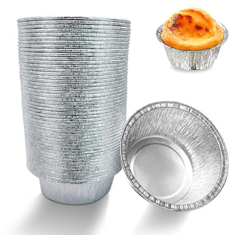 INHEMING 50 Piezas Bandejas redondas desechables de aluminio,Utensilios para Hornear de Papel de Aluminio,moldes desechables para tartas de huevo,250ML