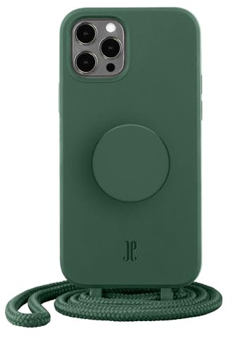 Just Elegance Hülle - Necklace Case - Handyhülle kompatibel mit iPhone 12/12 Pro - Handy Schutzhülle mit Abnehmbarer Kordel und Fingerhalter (Forest Green)