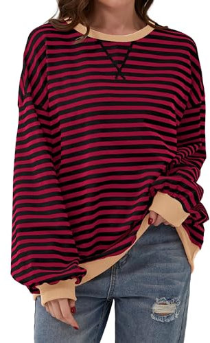 Chicrise Sweatshirt Damen Pullover RundhalAusschnitt Farbblock Gestreifter Langarmshirt Rot-schwarz Gestreift 2X Groß 50-54