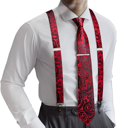 Barry.Wang Juego de tirantes para hombre, tipo X, tirantes y corbata, diseño de cachemira, formal, boda, fiesta, baile de graduación, rosso, Taille unique
