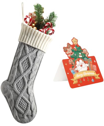 meioro Weihnachtsstrümpfe, 46cm Großes Kabel Gestrickte Weihnachtssocke, Farbe-Kontrast Weihnachten Strumpf Deko für Kamin Family Holiday Party Festival Dekorationen mit Grußkarte (Grau, 1 Pcs)