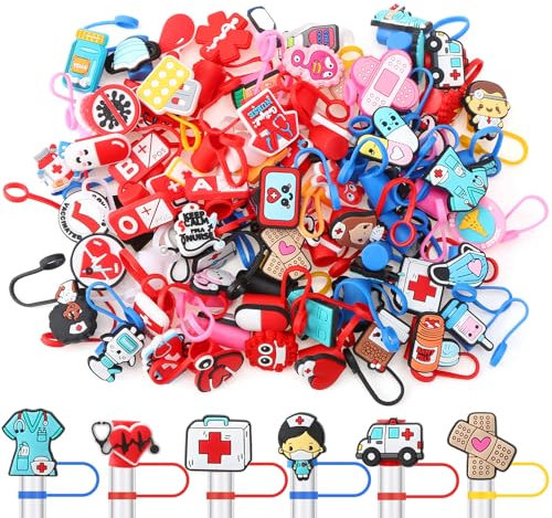XLSXEXCL 75 Pieces Nurse Straw Toppers, Nurse Straw Covers Straw Covers Bulk Straw Toppers Nurse Themed Reusable Portable Cup for Tumblers Doctor Nurse Day Gifts