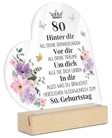 Putuo Decor Acrylschild mit Holzsockel – 80. Geburtstag Deko – Elegantes Geburtstagsgeschenk für Oma, Opa oder Eltern