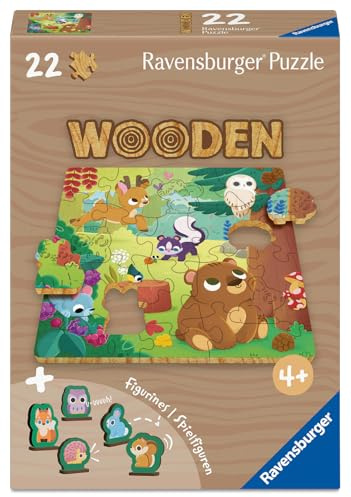 Ravensburger Wooden Kids Puzzle 12004080 - Fröhliche Waldfreunde - 22 Teile Kontur-Holzpuzzle mit stabilen, individuellen Puzzleteilen 5 Whimsies und 5 Holzspielfiguren, für Kinder ab 4 Jahren