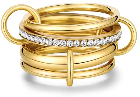 Joo&Rind Goldene Stapelringe für Damen – Anlaufbeständiger Edelstahl Gold Linked Ring, Modisches Schmuckset für den Alltag oder besondere Anlässe (16.5 (52))