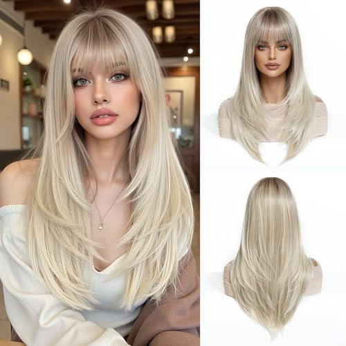 Esmee Lange Gerade Blonde Perücken für Frauen mit Fransen Natürliche Synthetische Haare Ombre Perücke für den täglichen Gebrauch & Party