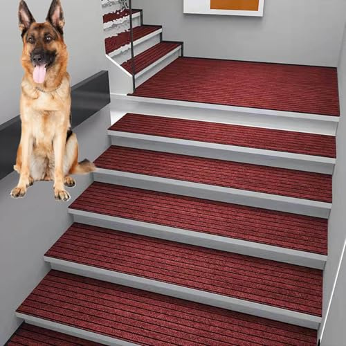 Stufenmatten Treppenmatten 4 Stück,rutschfeste Innentreppe und außen Stufenmatten,Treppenstufen Matten,Treppenteppich Rechteckig für Kinder Ältere und Hunde,Treppenschutz,Rot,25x100cm