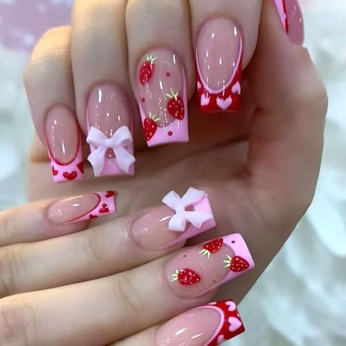 Kabwea 24 Pieces Square Strawberry Nail Art, Press on Nails, Stick-on Nails, Fake Nails