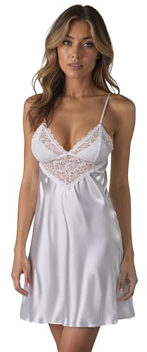 VIVISENCE Damen Nachthemd Satin Spitze Zierträger Verstellbar Elegant 2038