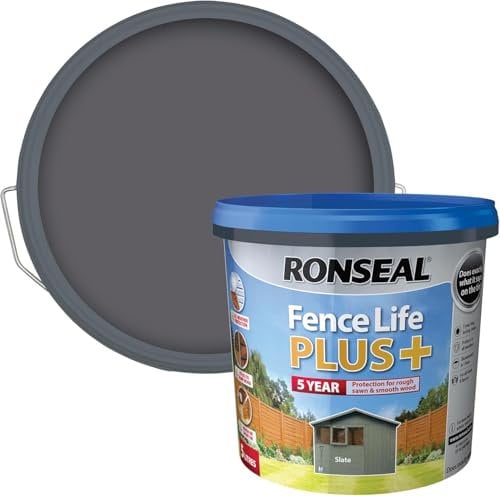 Ronseal Fence Life Plus+ 5L – Slate – Durable Shed & Fence Paint – One Coat, Weatherproof & Fade-Resistant – UV Protection – Lasts Up to 5 Years – For All Exterior Wood