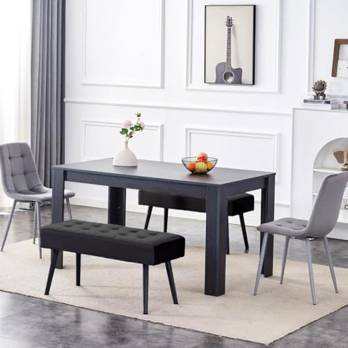 KOSY KOALA Dark Grey Arrow Design Wooden Dining Table with Velvet Chairs and 2 Benches