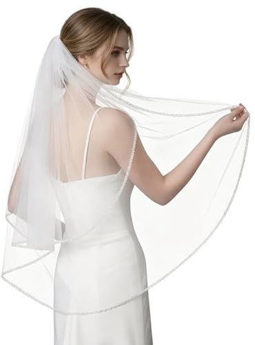 GAODESI Wedding Veil Pearls and Crystals Beaded Edge 1 Tier Fingertip Length Bridal Veil