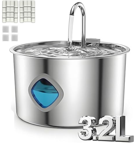 Cat Water Fountain for Drinking: Stainless Steel Cat Fountain - 3.2L Water Fountain Cat Bowl - Pet Water Fountain - Cat Drinking Fountain - Visible Water Level Cat Water Dispensers with 8 Filters