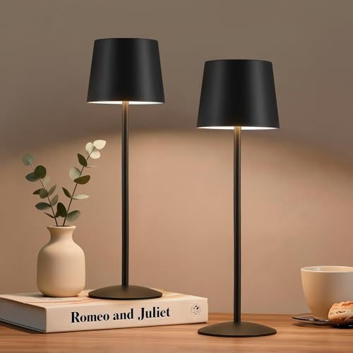 GyroVu Kabellose 2 Stück LED Tischlampe, Höhenverstellbar Touch Akku Lampe | Dimmbar Stufenlos, Wiederaufladbar Akku Tischleuchte mit USB-C, IP44 Wasserdicht, Für Camping Esstisch Wohnzimmer Nachttisch