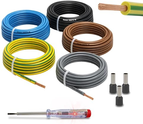 Juego de cableado de 4 mm² H07V-K cable cable flexible 5 x 10 m incluye 100 casquillos de cableado, ideal para lugar de contador, cable de tierra y puentes de cableado