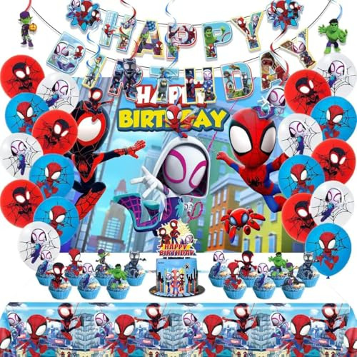 Cartoon spidey-themed birthday party supplies. These decorations include Happy Birthday banners, tableware, tablecloths, balloons, large and small skewers, and party-themed decoration sets.