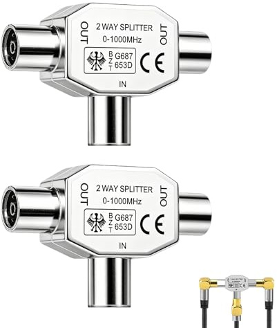 2-Way TV Antenna Distributor, Coaxial T-Splitter, Coaxial Adapter in 2 IEC Female and 1 Male Input, Antenna Duplicator, Metal Connector 0-1000MHz for Digital TV DVB-T Cable TV
