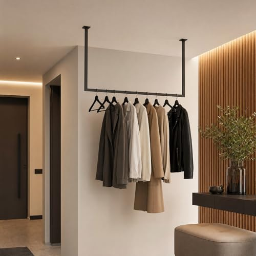 FLEXISTYLE Kleiderstange Deckenmontage Metall Schwarz – Garderobenstange Industrial Loft – stabile Deckenstange für Kleidung – belastbar bis 50 kg Personalisierung, 6 Varianten