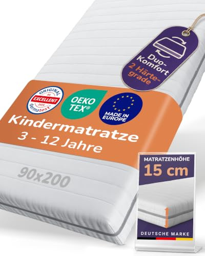 Sun Garden Kindermatratze 90x200 cm, 3-12 Jahre, 15 cm Komfortschaum RG28 | 2-in-1 Mitwachs-System für Kinderbett und Jugendbett, Oeko-Tex und Dermatest - Sehr gut, Made in Europe