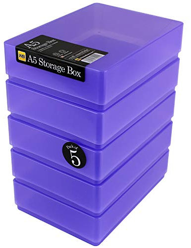 WestonBoxes A5 Plastic Craft Storage Boxes with Lids for Art Supplies, Paper and Card - 1.8 Litre Volume (Purple, Pack of 5)
