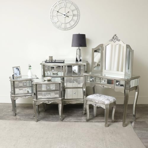 Melody Maison Silver Mirrored Bedroom Furniture, Chest of Drawers, Dressing Table Set & Bedside Tables - Tiffany Range