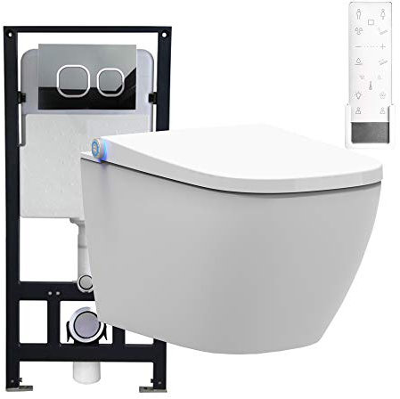 BERNSTEIN Pack WC japonais + Bâti-support plaque Verre Blanc, Toilettes suspendu lavant + télécommande, jet douche, séchoir air chaud, filtre & ventilateur à odeurs, Chasse 180°, 59x38x38cm, Pro+1104