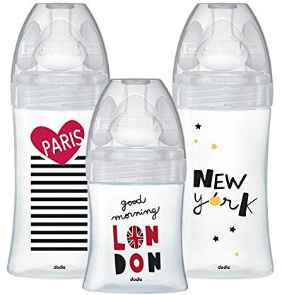 Dodie Geburts-Set mit 3 Babyflaschen Antikolik Sensation+ aus Glas (1 x 150 ml; 2 x 270 ml), flacher Sauger, BPA-frei, City