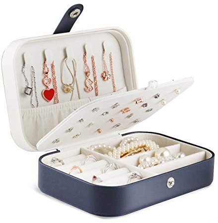 JOYUE Schmuckkästchen Reise PU-Leder Schmuckbox Tragbar Schmuck Aufbewahrungsbox für Ringe Ohrringe Halskette, 16,5 x 11,5 x 5,5 cm (Blau)