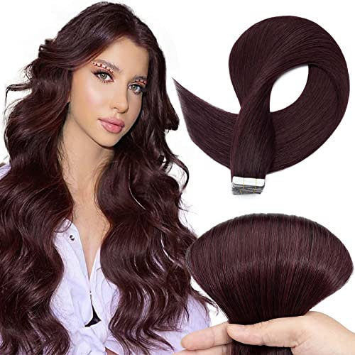 TESS Tape Extensions Echthaar #99J Weinrot 40 cm Klebeband Haarverlängerung 20er Pack Glatt Remy Tape in Hair Extensions für Haarverdichtung (20 Tressen #99J-Rot)