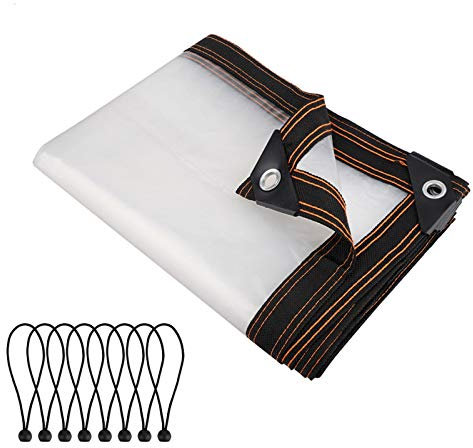 SUREH Abdeckplane, 2 m x 2 m, transparent, strapazierfähig, wasserdicht, Kunststoff, mit Metallösen, für Camping, Bodenpflanzen, Überdachung, regenfeste Abdeckung mit Bungee-Bällen