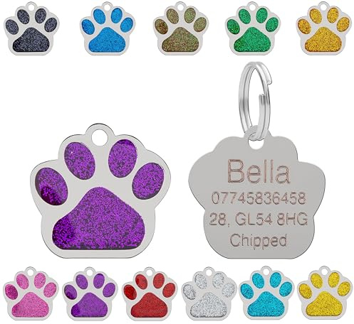 Personalised Engraved Pet Tag for Pets | Vibrant Paw Print Shape Glitter Stainless Steel ID Tags for Dog & Cat | Anti-Lost for Puppy, Kitten Etc | 27mm Wide (Purple)