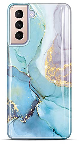 JIAXIUFEN Galaxy S21 Hülle Handyhülle TPU Silikon Weiche Schlank Schutzhülle Handytasche Flexibel Case Handy Hülle für Samsung Galaxy S21 5G - Marmor Glitter Mint Purple