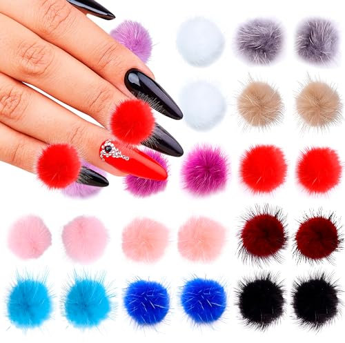 24 Pieces 3D Nail Art Fluffy Pom Balls Kawaii Nail Charms Detachable Magnetic Nail Pom Pom Nail Accessories Nail Design Nail Supply Nail Art Kit Stuff